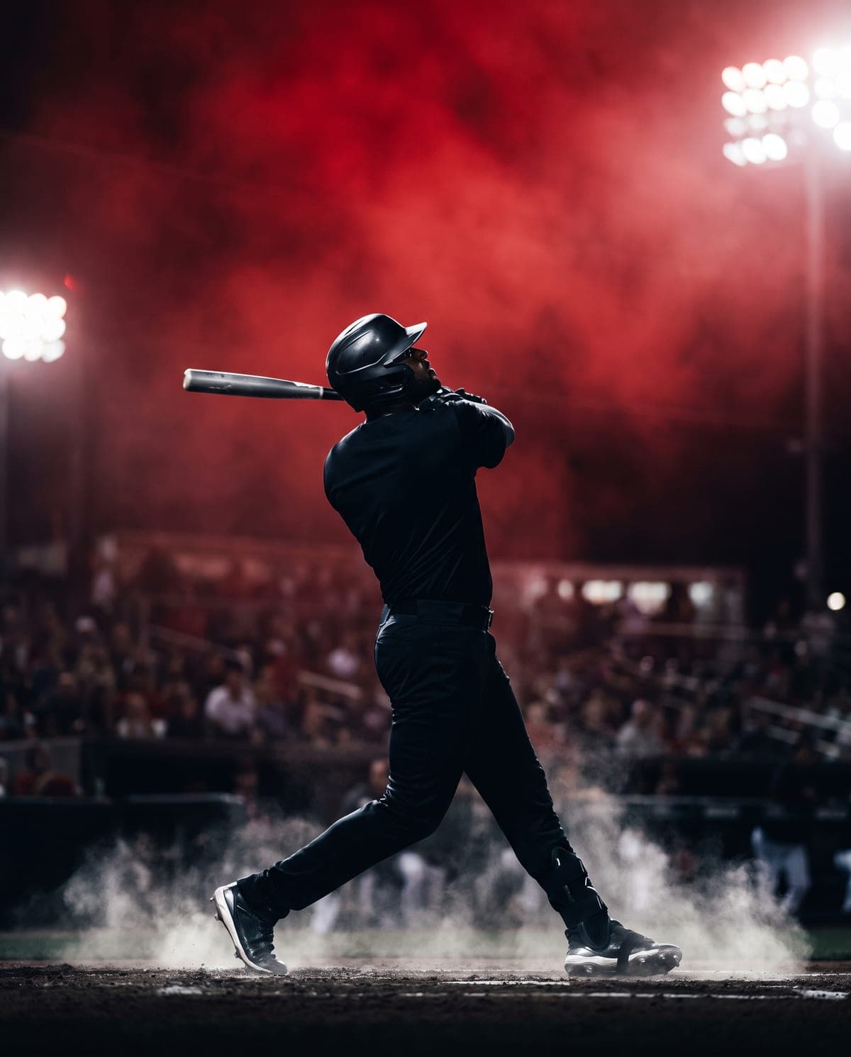 A hitter finishing a home run swing under stadium floodlights